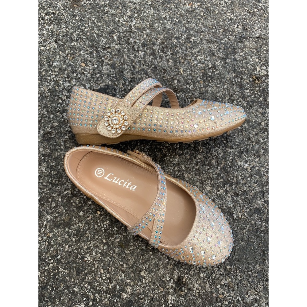 Kids Party Gold Rhinestone Velcro Ballet Flats